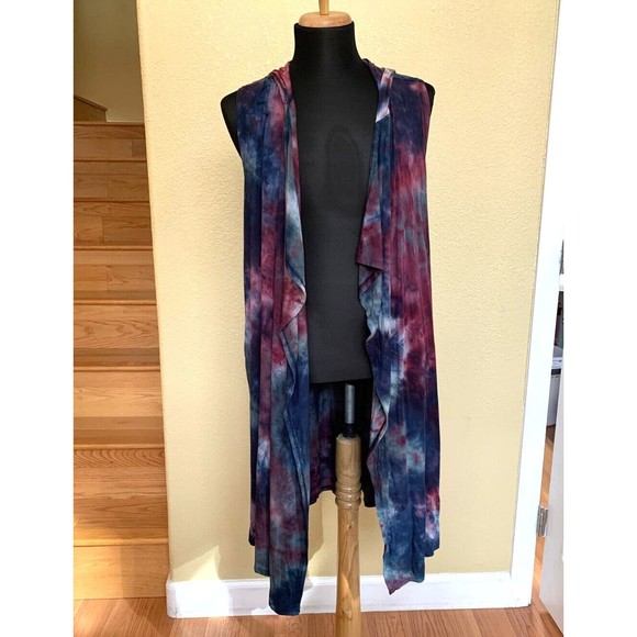 COIN 1804 Tie Dye Open Front Draped Hooded Boho Long Vest Cardigan Sz M Pockets - Picture 1 of 7